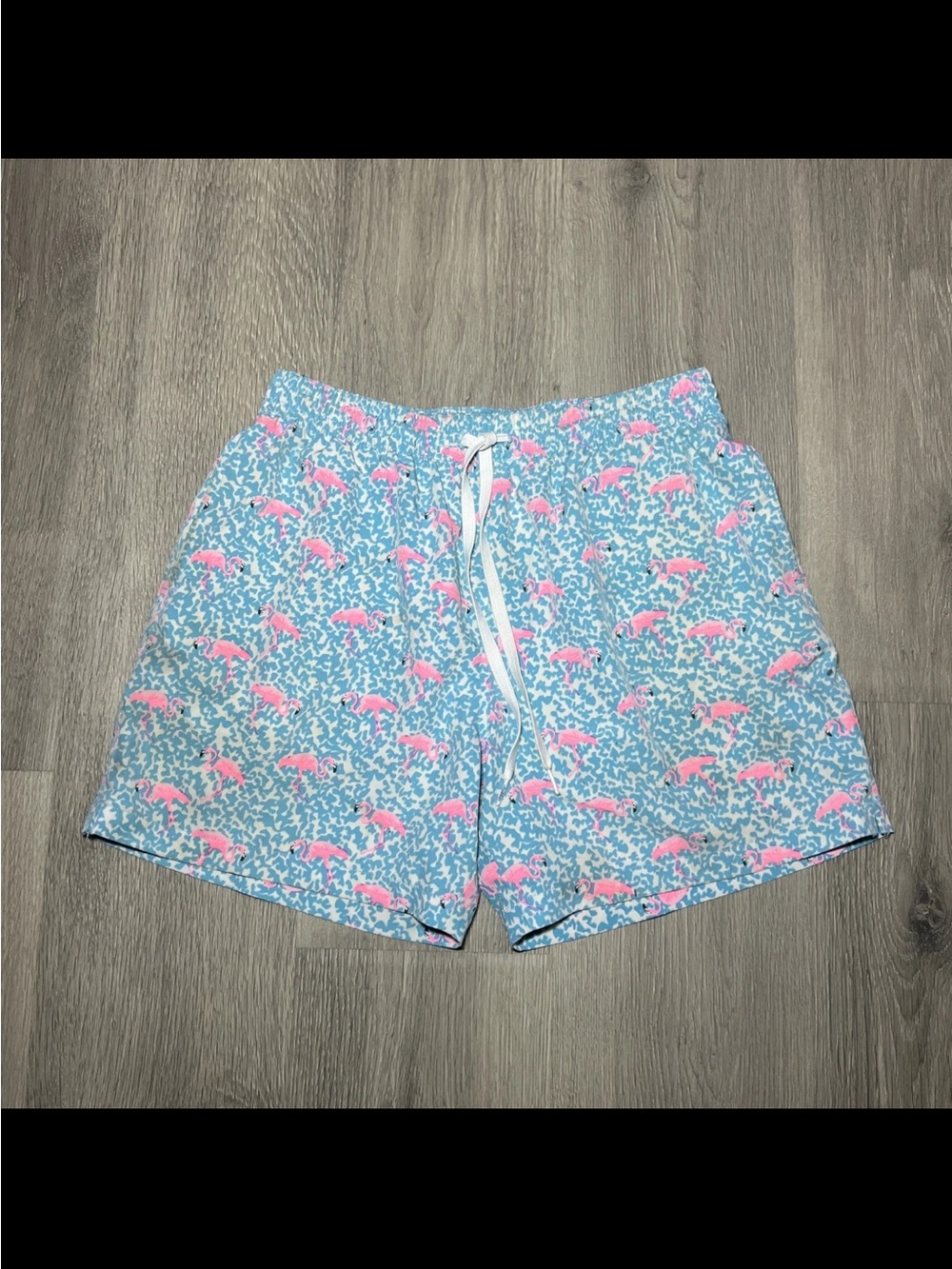 chubbies Light Blue Swim Trunks with Pink Flamingo Print